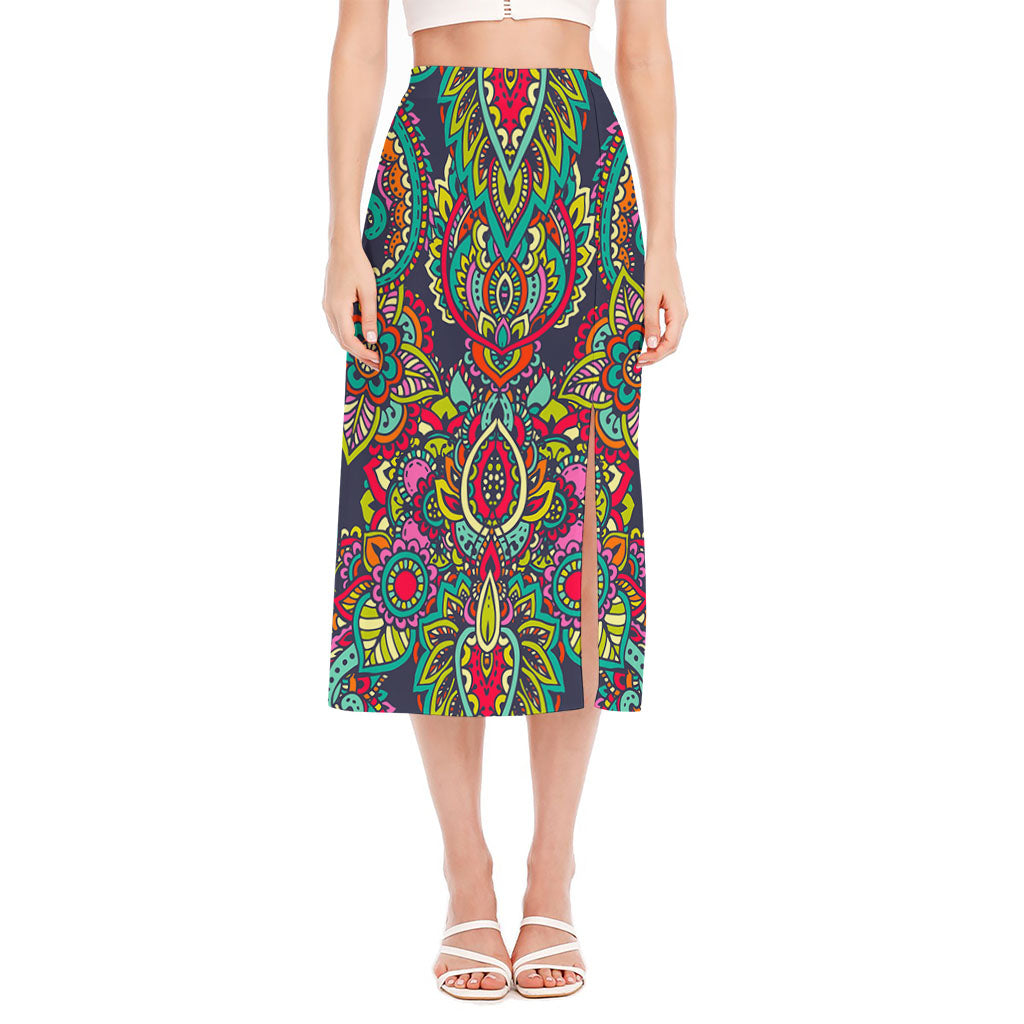Colorful Floral Mandala Print Side Slit Midi Skirt
