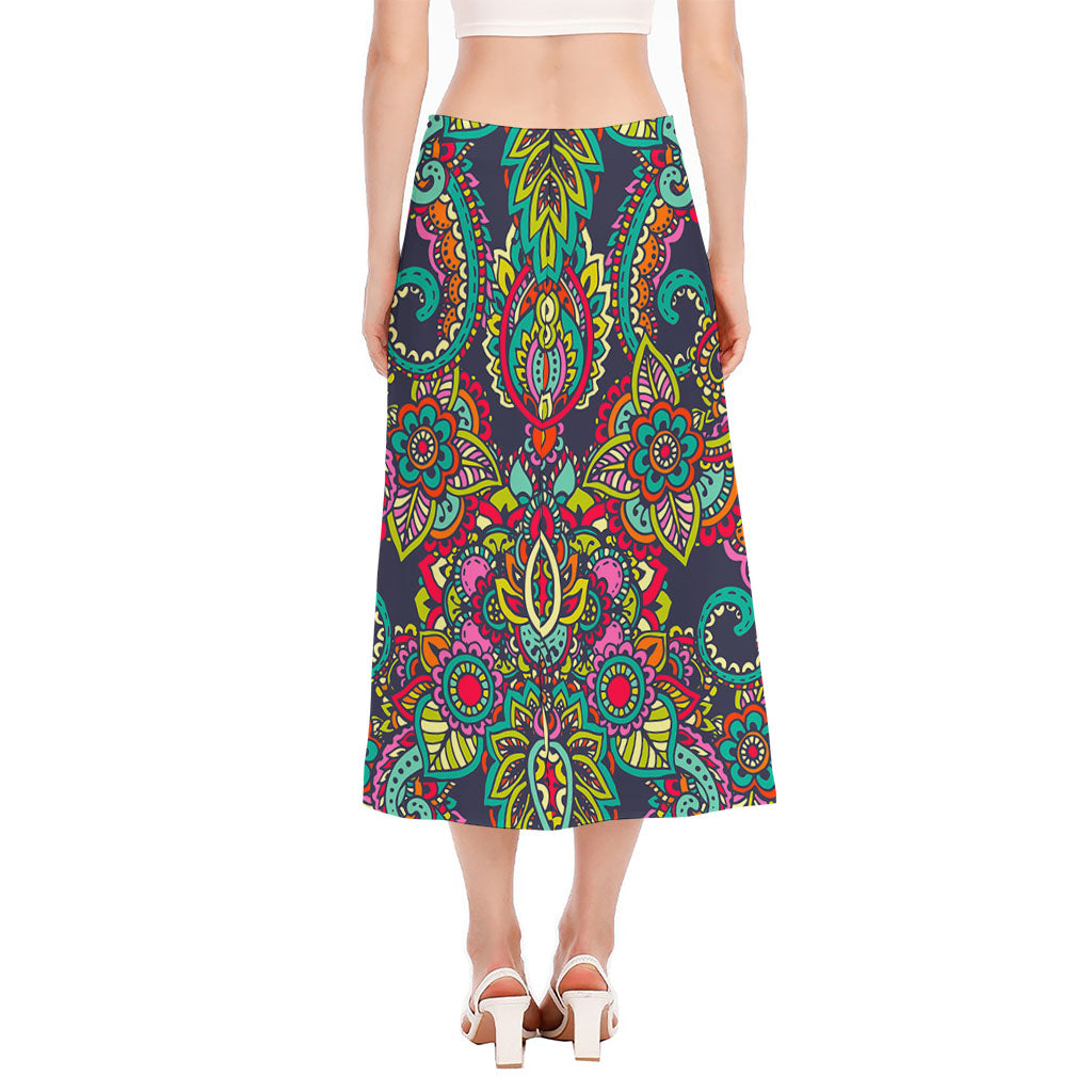 Colorful Floral Mandala Print Side Slit Midi Skirt