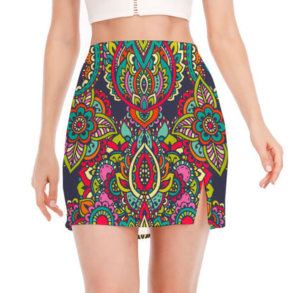 Colorful Floral Mandala Print Side Slit Mini Skirt