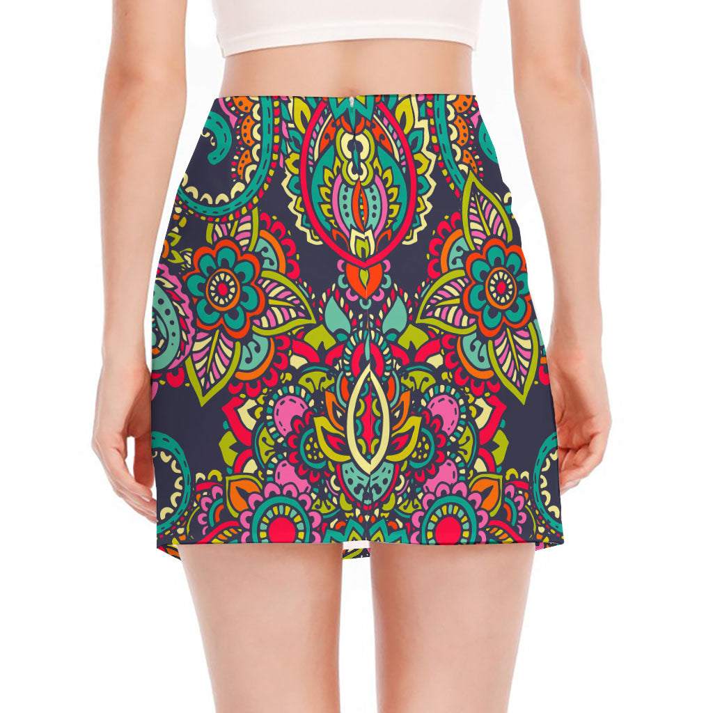 Colorful Floral Mandala Print Side Slit Mini Skirt