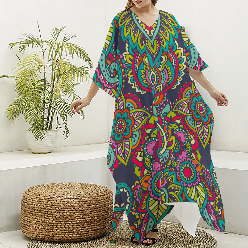 Colorful Floral Mandala Print Silk V-Neck Kaftan Dress