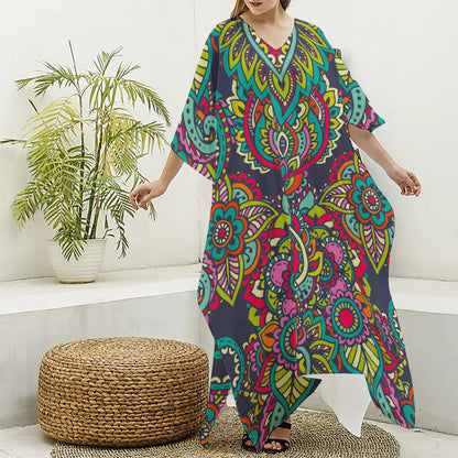 Colorful Floral Mandala Print Silk V-Neck Kaftan Dress