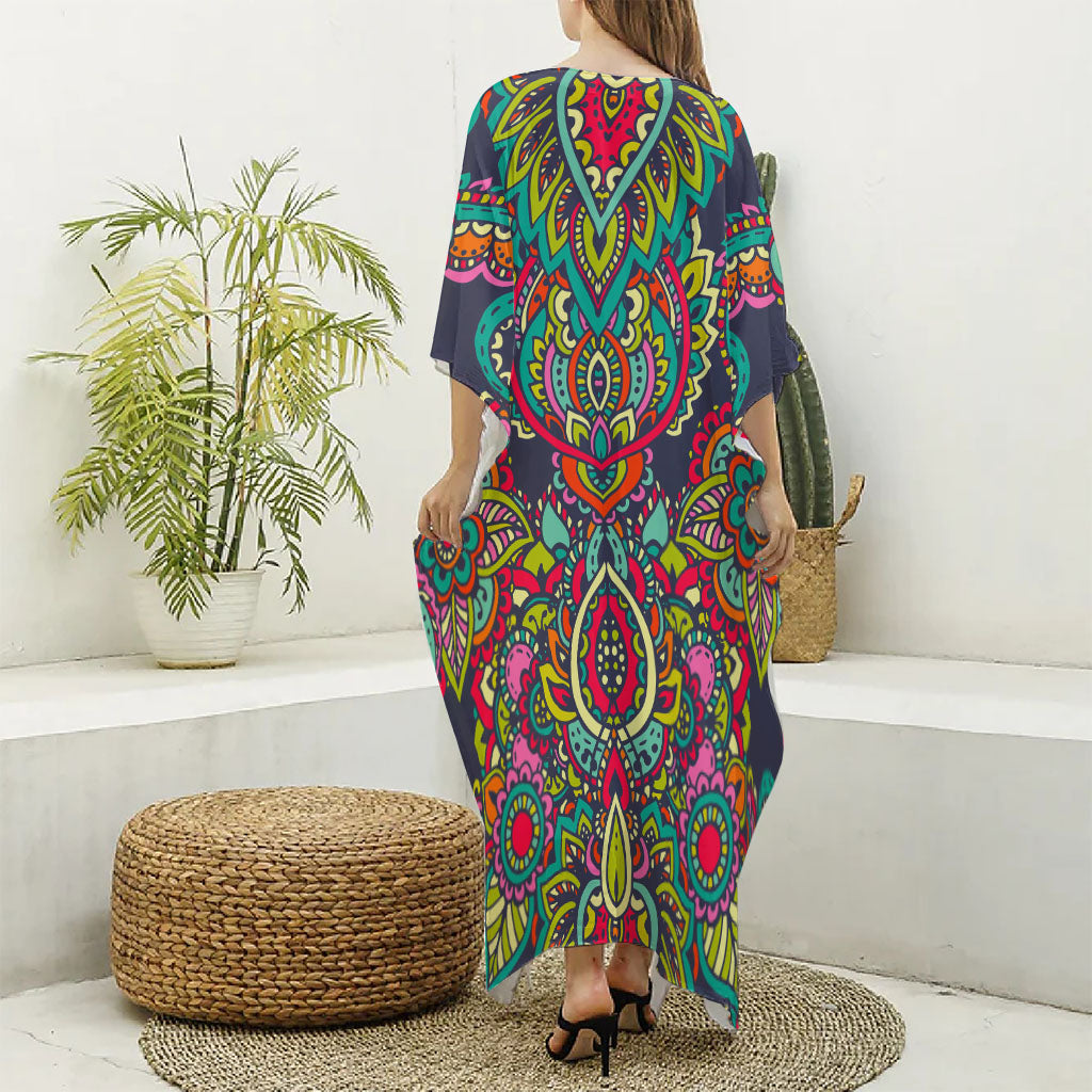 Colorful Floral Mandala Print Silk V-Neck Kaftan Dress