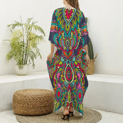 Colorful Floral Mandala Print Silk V-Neck Kaftan Dress