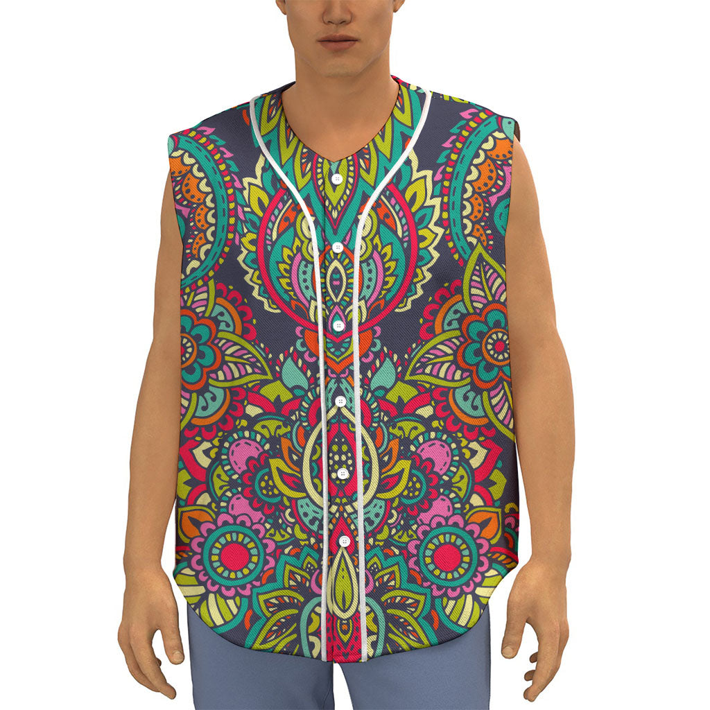 Colorful Floral Mandala Print Sleeveless Baseball Jersey
