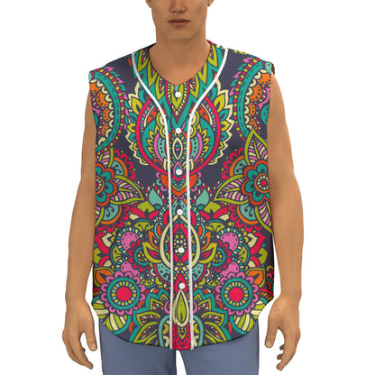 Colorful Floral Mandala Print Sleeveless Baseball Jersey