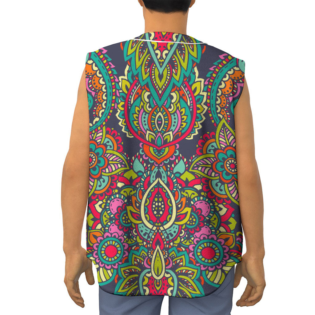 Colorful Floral Mandala Print Sleeveless Baseball Jersey