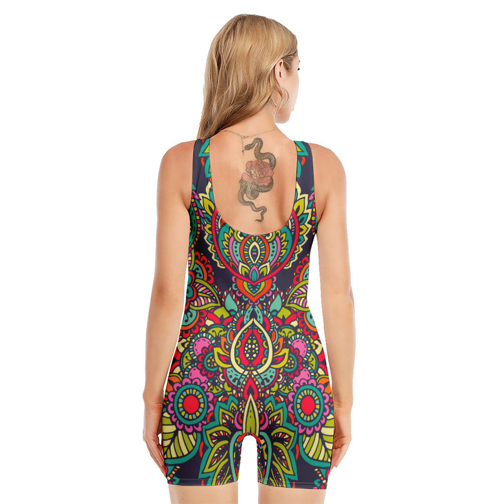 Colorful Floral Mandala Print Sleeveless One Piece Swimsuit