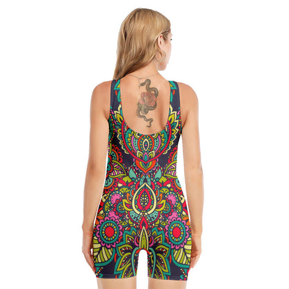 Colorful Floral Mandala Print Sleeveless One Piece Swimsuit