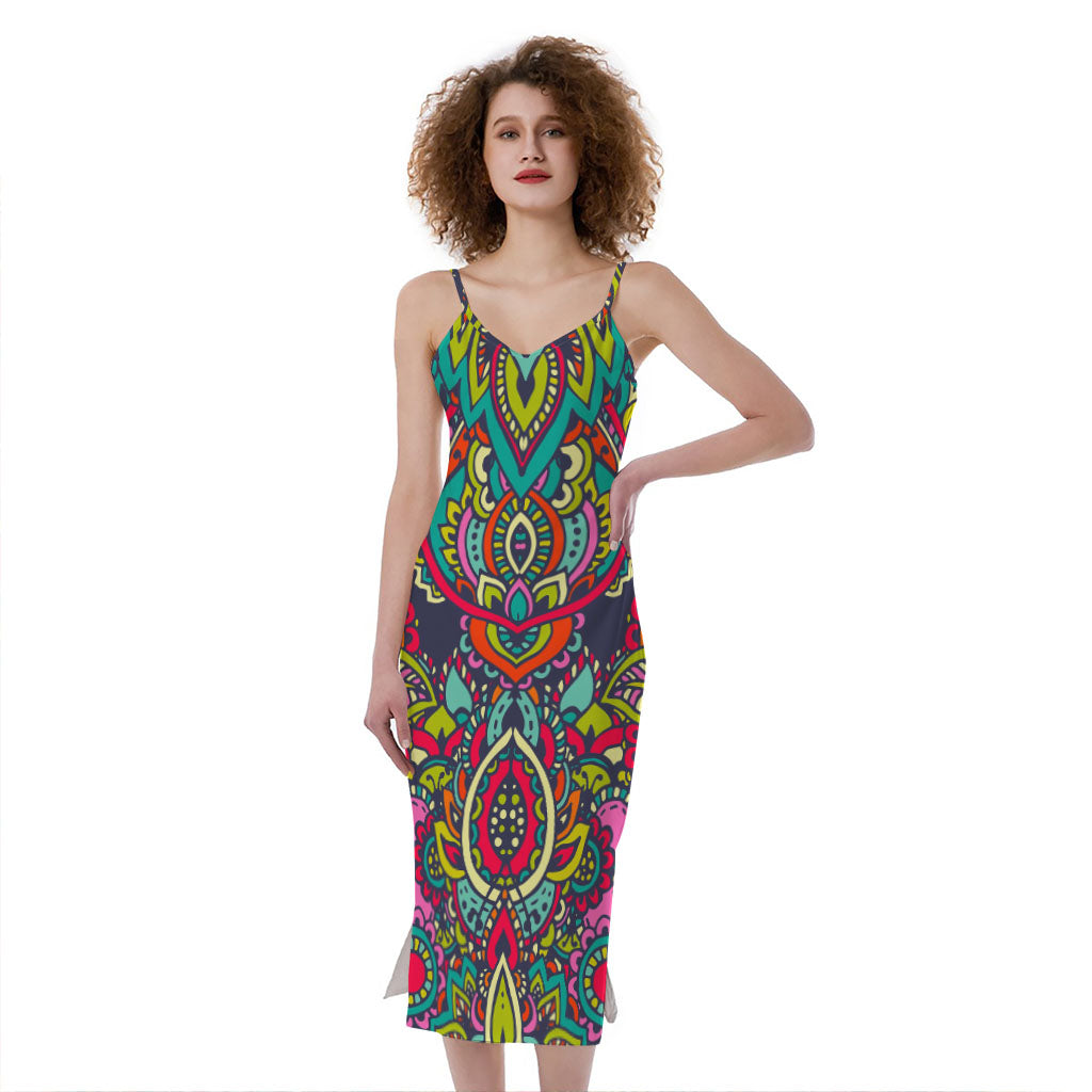 Colorful Floral Mandala Print Slim Fit Midi Cami Dress