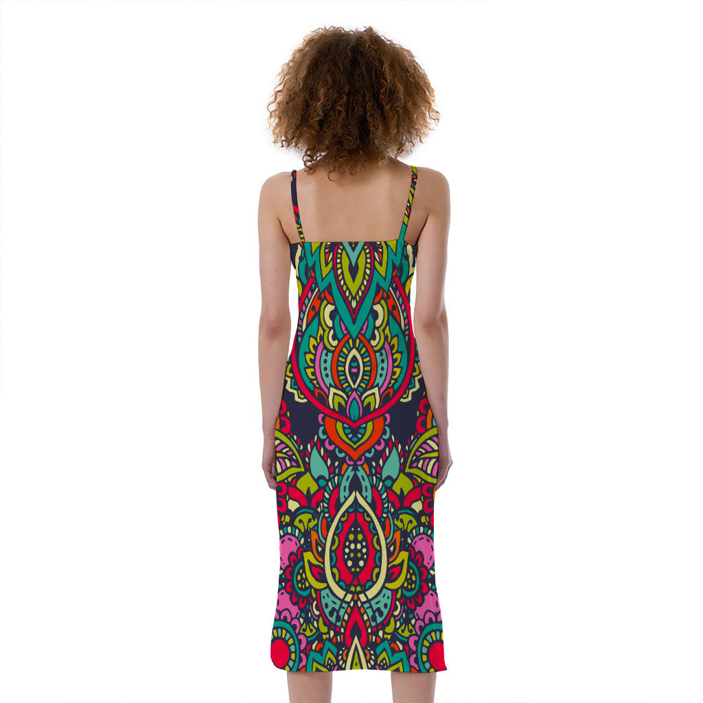 Colorful Floral Mandala Print Slim Fit Midi Cami Dress
