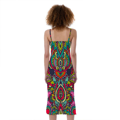 Colorful Floral Mandala Print Slim Fit Midi Cami Dress