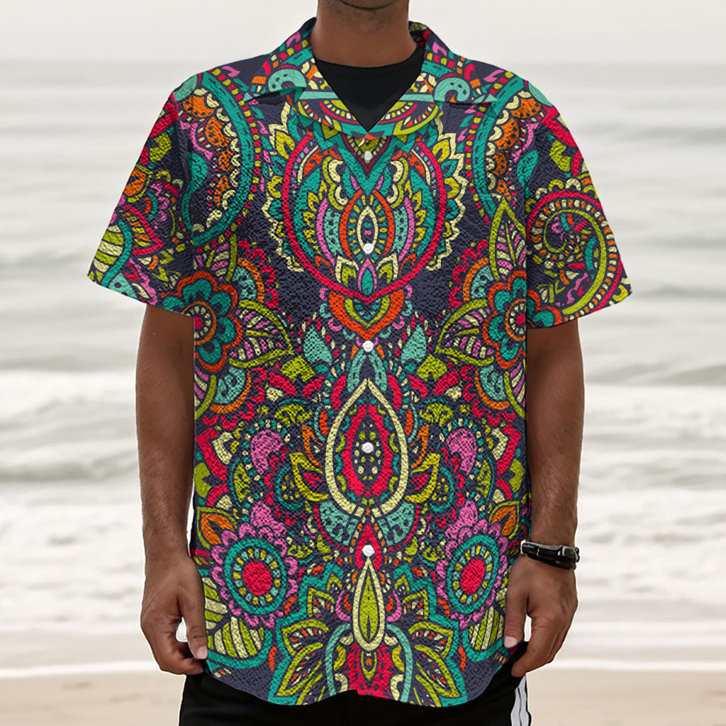 Colorful Floral Mandala Print Textured Short Sleeve Shirt