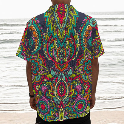 Colorful Floral Mandala Print Textured Short Sleeve Shirt