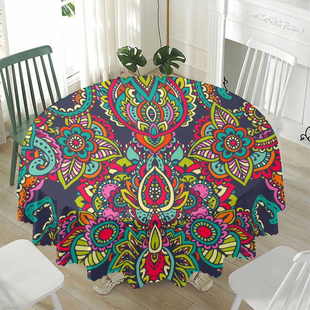 Colorful Floral Mandala Print Waterproof Round Tablecloth