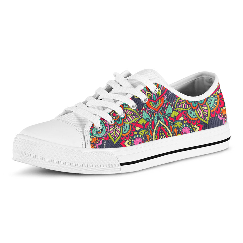 Colorful Floral Mandala Print White Low Top Sneakers