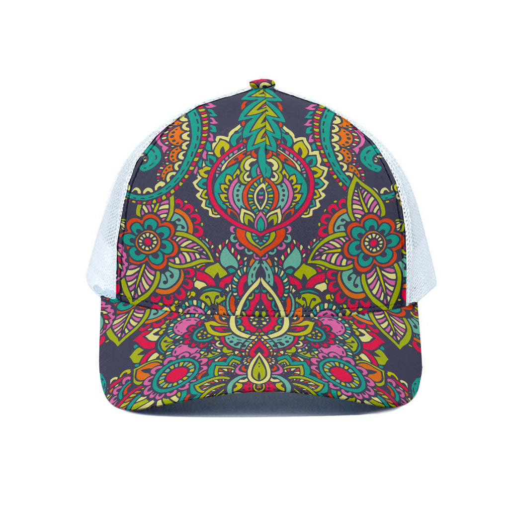 Colorful Floral Mandala Print White Mesh Trucker Cap