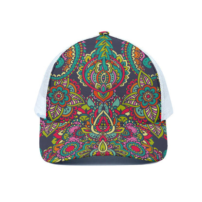 Colorful Floral Mandala Print White Mesh Trucker Cap