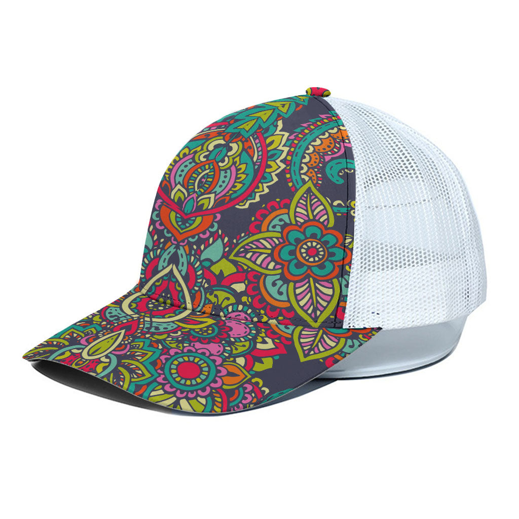 Colorful Floral Mandala Print White Mesh Trucker Cap