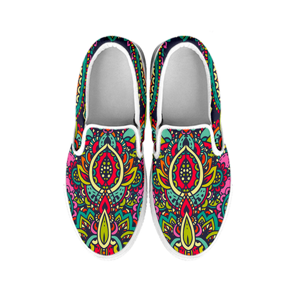 Colorful Floral Mandala Print White Slip On Sneakers