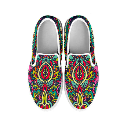 Colorful Floral Mandala Print White Slip On Sneakers