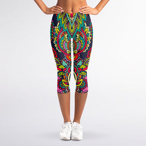 Colorful Floral Mandala Print Women's Capri Leggings