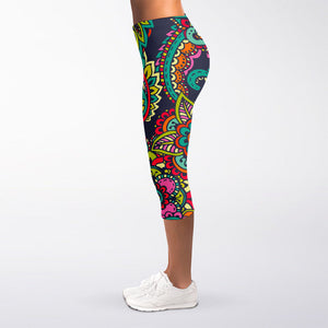 Colorful Floral Mandala Print Women's Capri Leggings