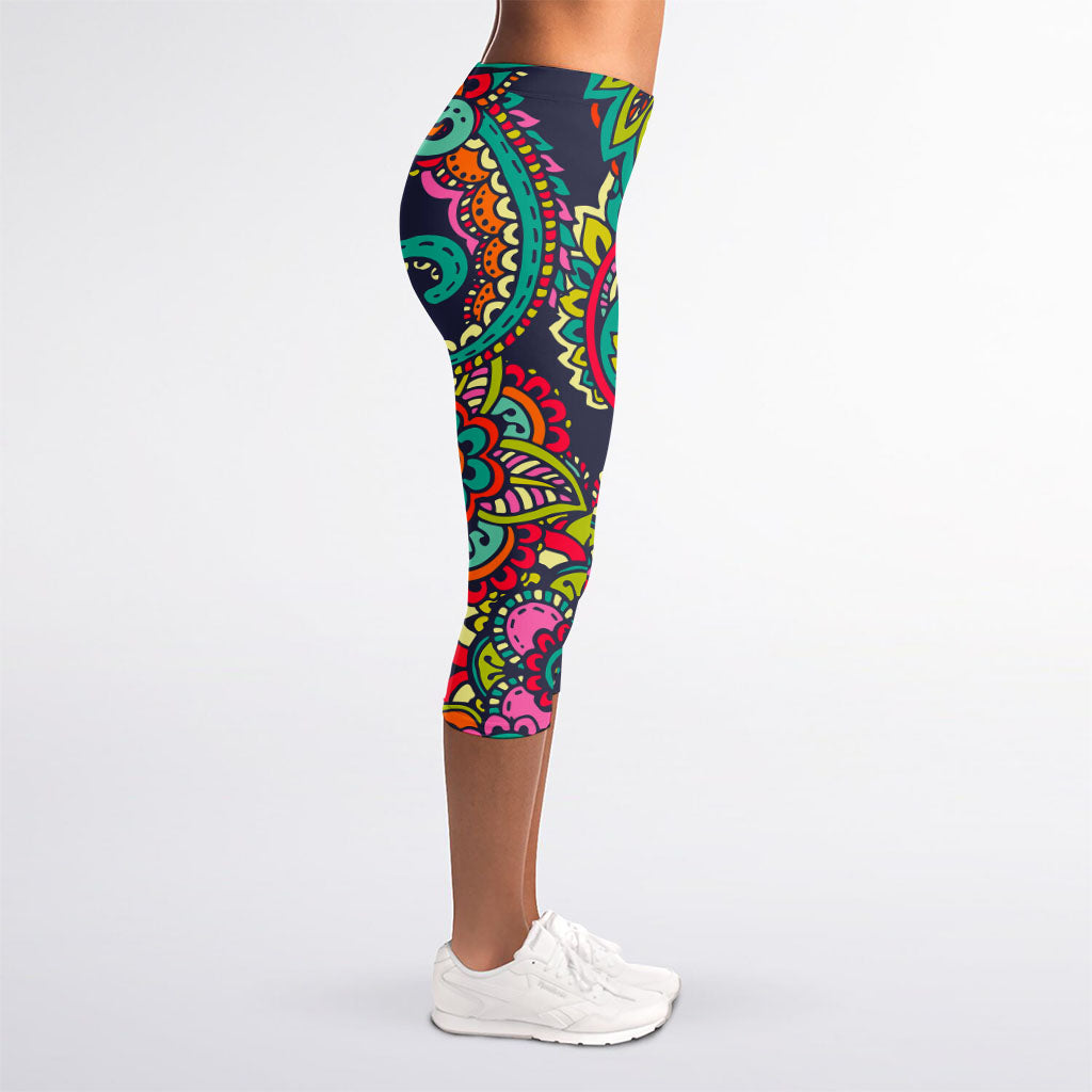 Colorful Floral Mandala Print Women's Capri Leggings