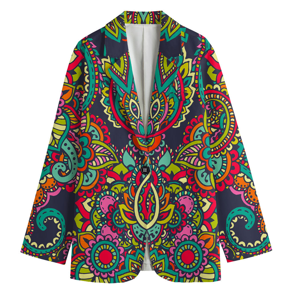 Colorful Floral Mandala Print Women's Cotton Blazer