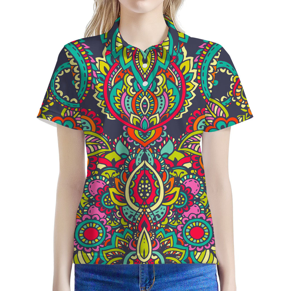 Colorful Floral Mandala Print Women's Polo Shirt