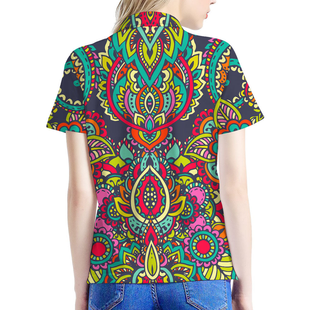Colorful Floral Mandala Print Women's Polo Shirt