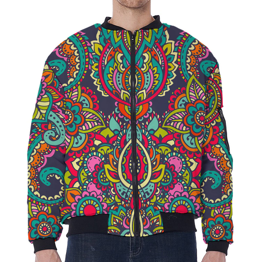 Colorful Floral Mandala Print Zip Sleeve Bomber Jacket