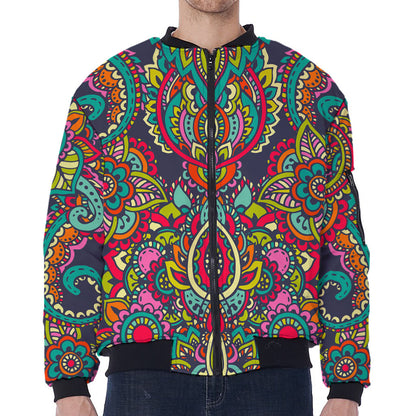 Colorful Floral Mandala Print Zip Sleeve Bomber Jacket