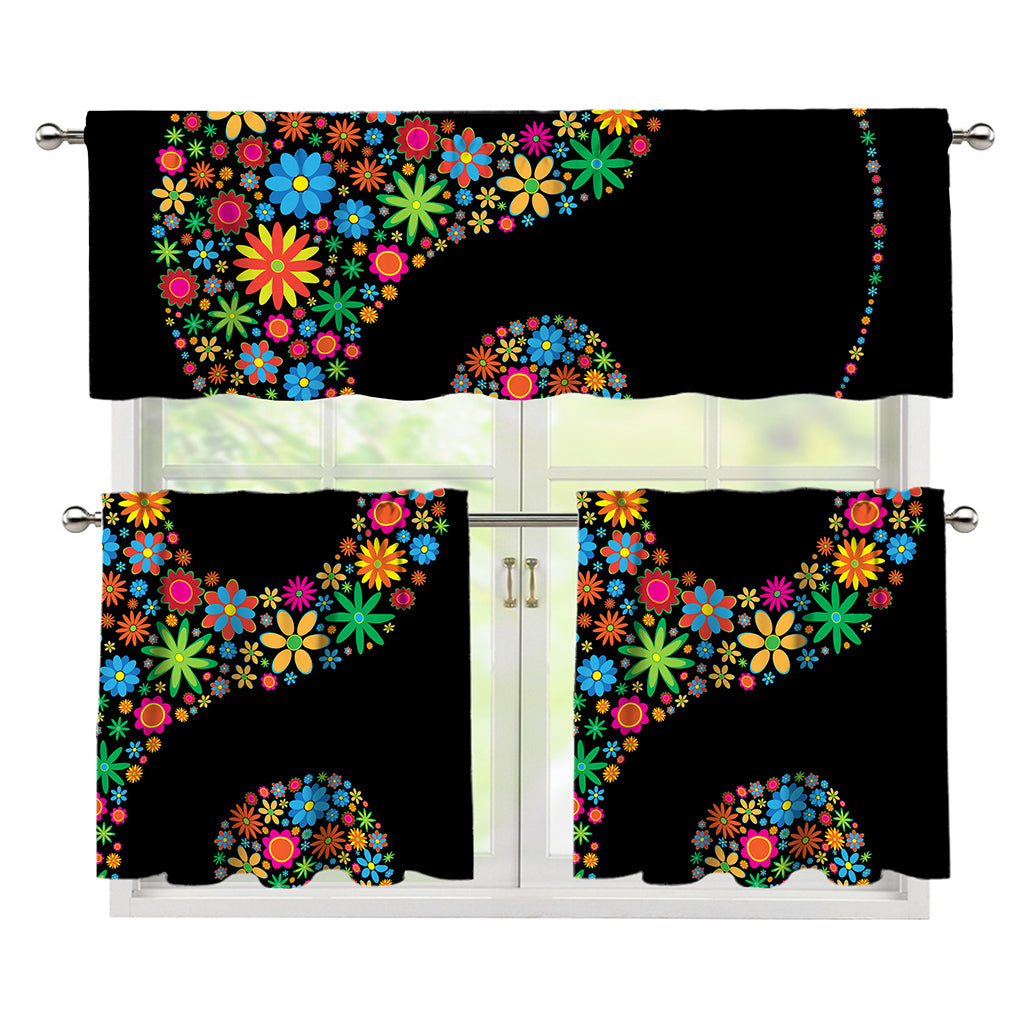 Colorful Flowers Yin Yang Print 3 Piece Kitchen Curtains