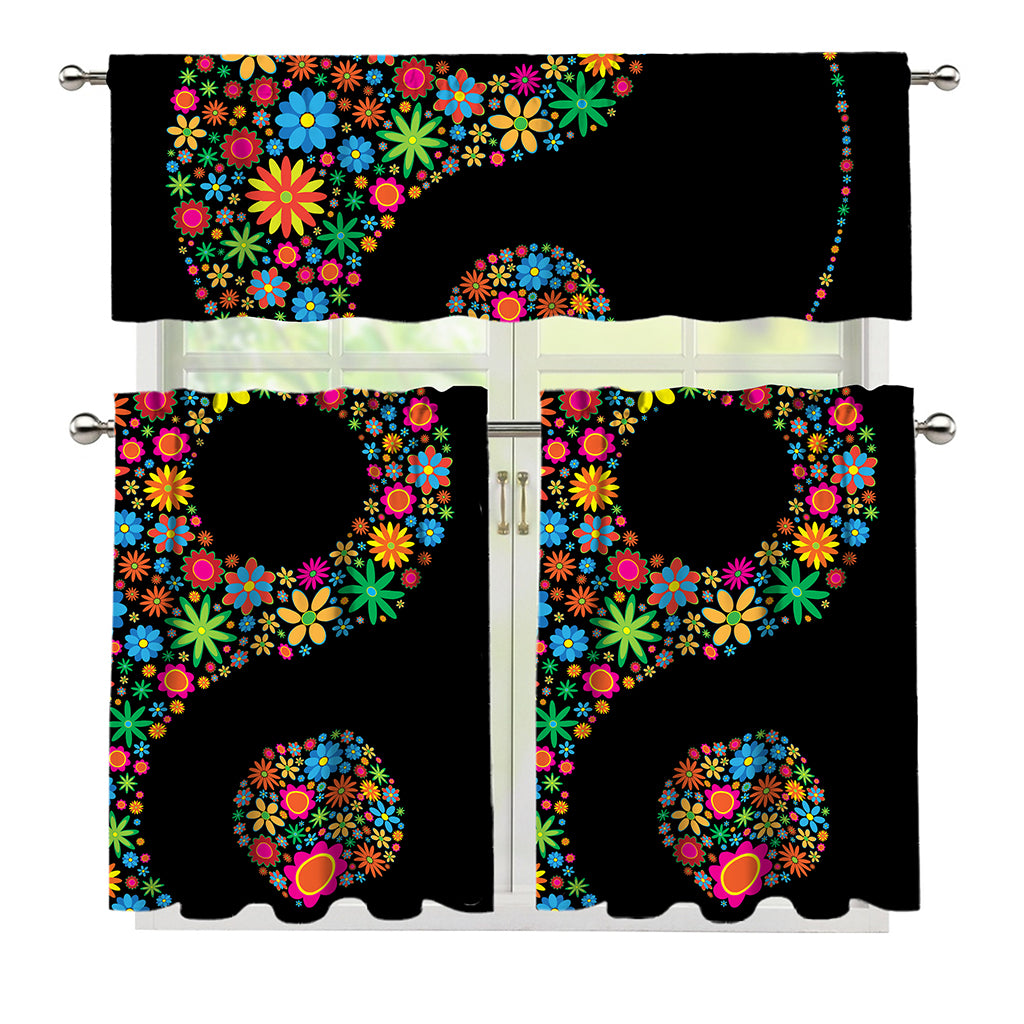Colorful Flowers Yin Yang Print 3 Piece Kitchen Curtains