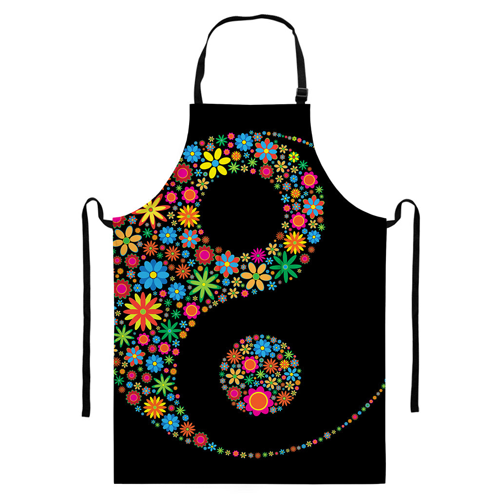 Colorful Flowers Yin Yang Print Bib Apron With Pocket