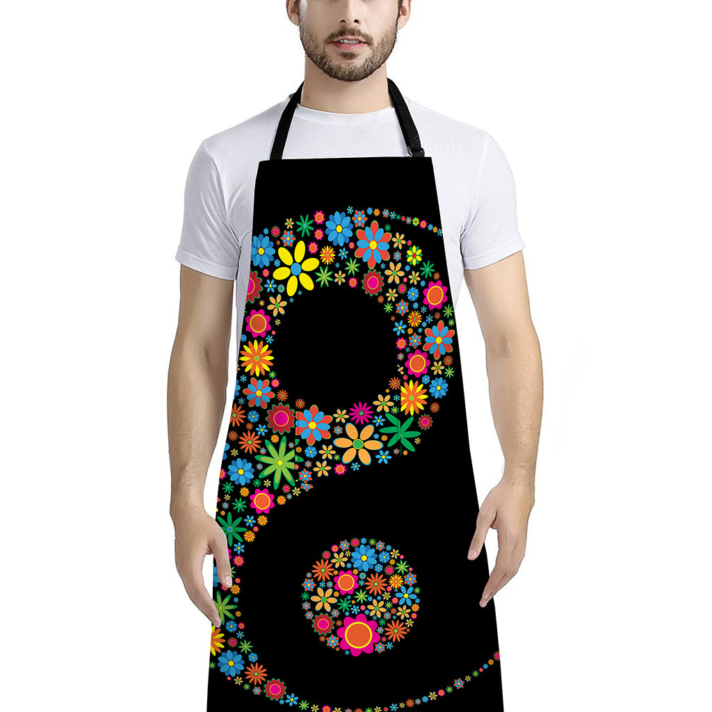 Colorful Flowers Yin Yang Print Bib Apron With Pocket