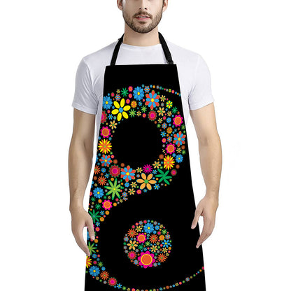 Colorful Flowers Yin Yang Print Bib Apron With Pocket
