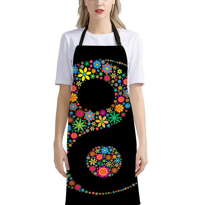 Colorful Flowers Yin Yang Print Bib Apron With Pocket