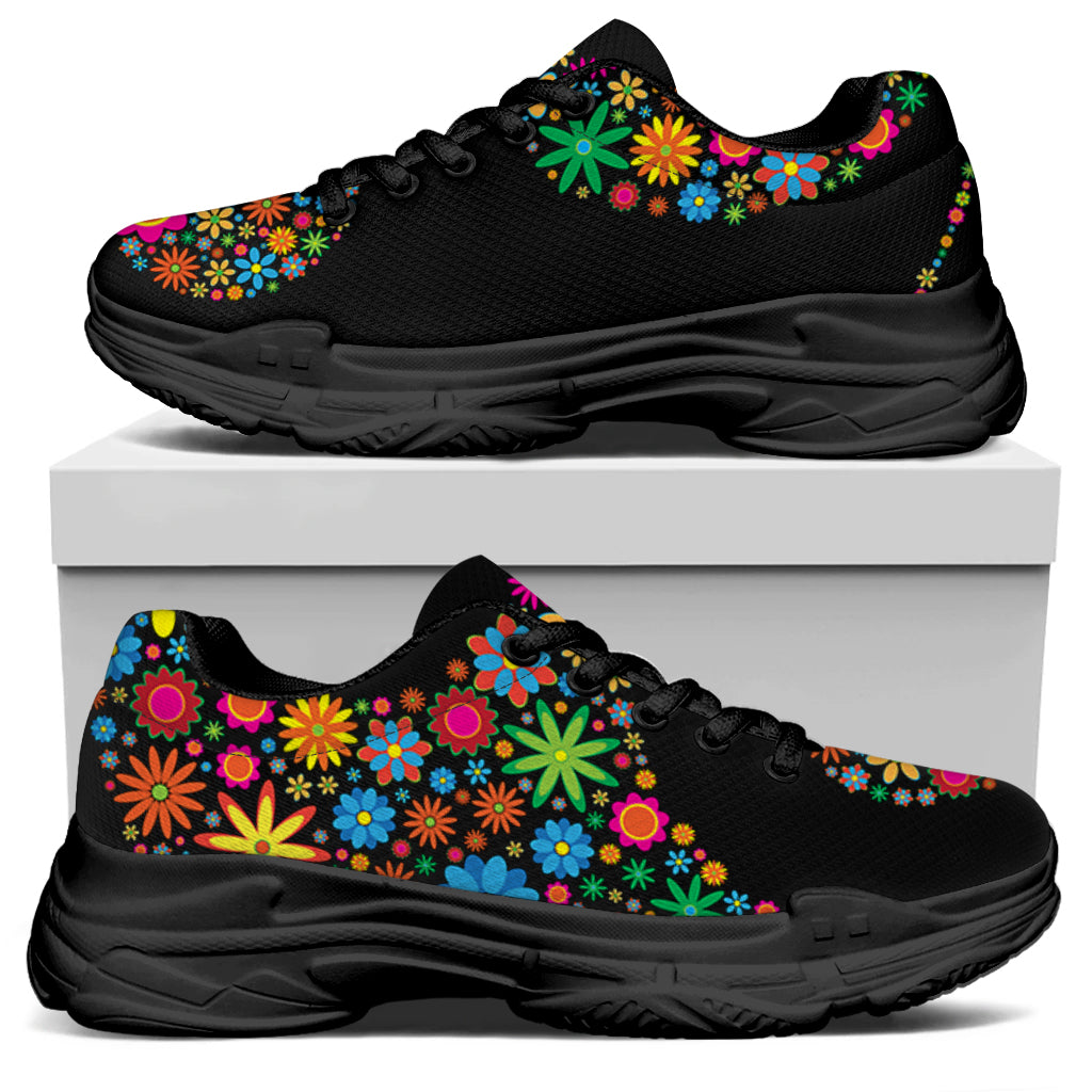 Colorful Flowers Yin Yang Print Black Chunky Shoes