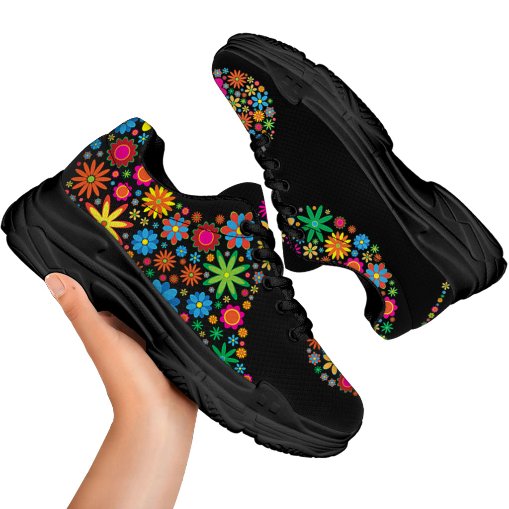 Colorful Flowers Yin Yang Print Black Chunky Shoes