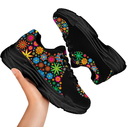 Colorful Flowers Yin Yang Print Black Chunky Shoes