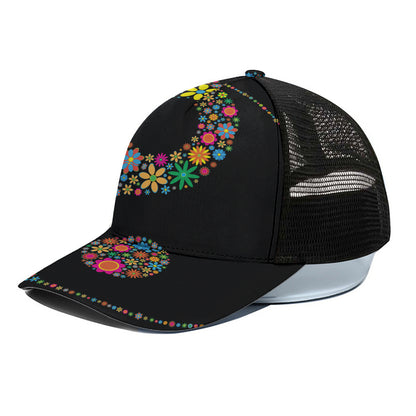 Colorful Flowers Yin Yang Print Black Mesh Trucker Cap