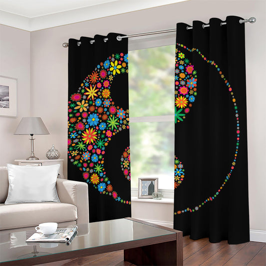 Colorful Flowers Yin Yang Print Blackout Grommet Curtains