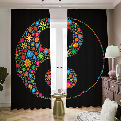 Colorful Flowers Yin Yang Print Blackout Pencil Pleat Curtains