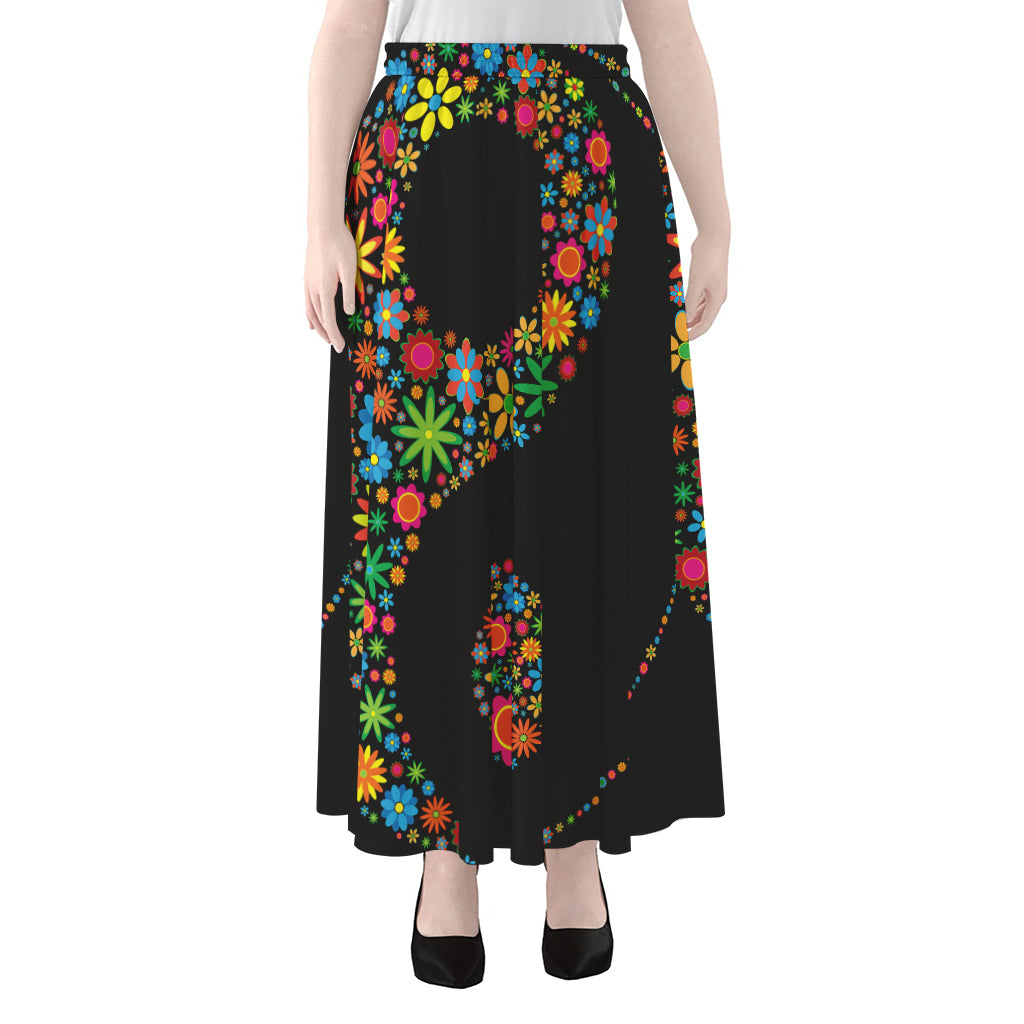 Colorful Flowers Yin Yang Print Chiffon Maxi Skirt