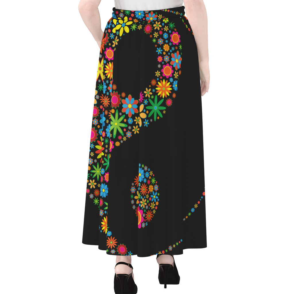 Colorful Flowers Yin Yang Print Chiffon Maxi Skirt