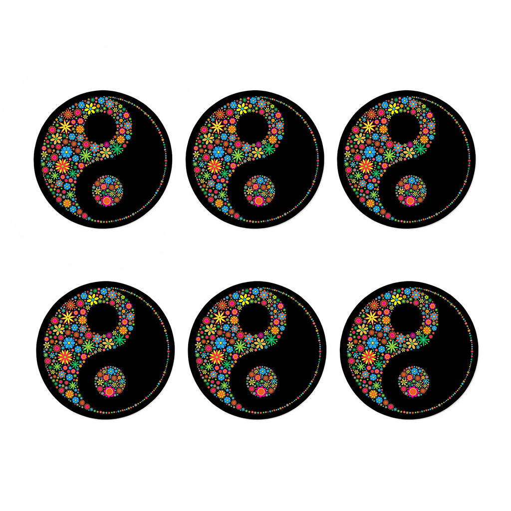 Colorful Flowers Yin Yang Print Coaster Set