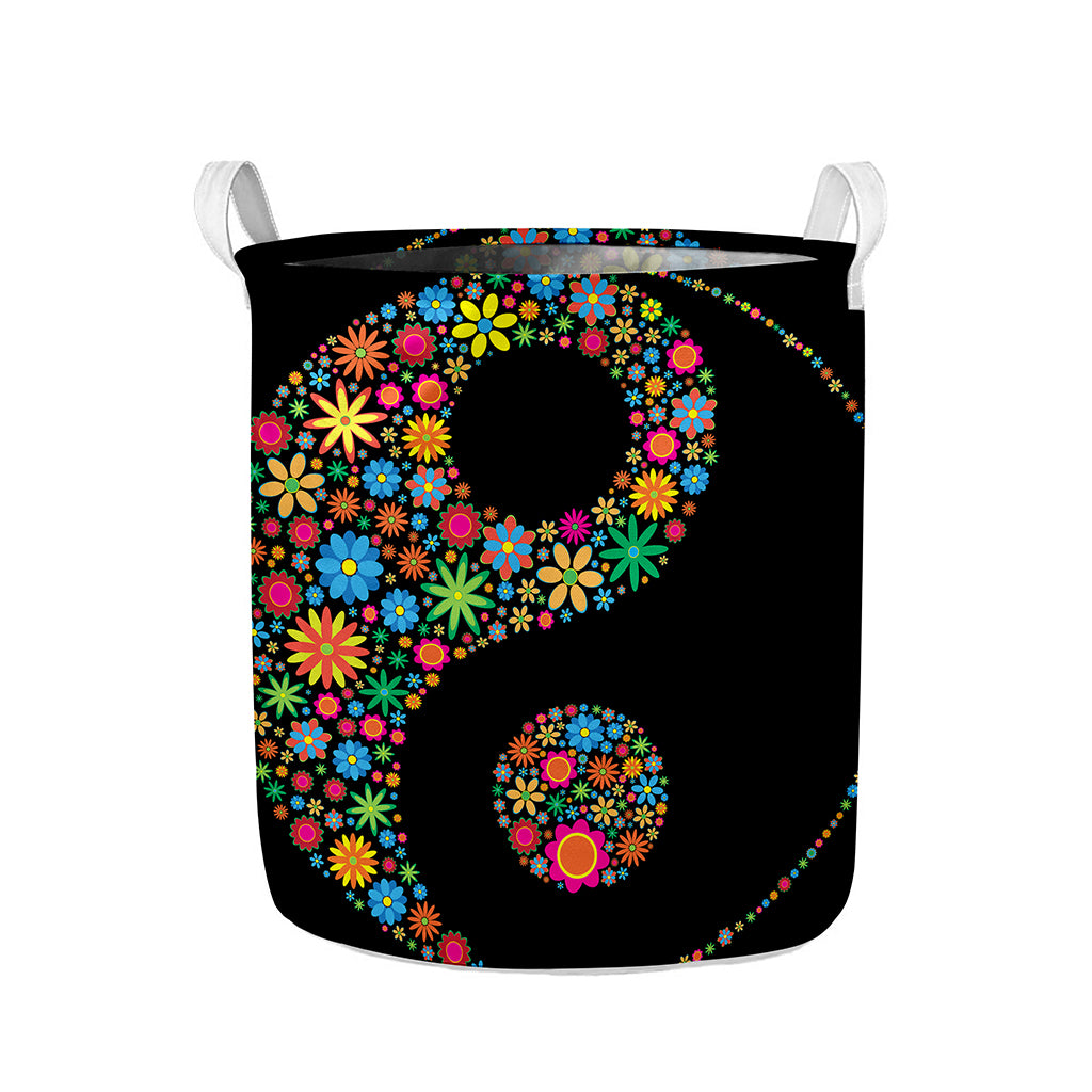 Colorful Flowers Yin Yang Print Collapsible Laundry Basket