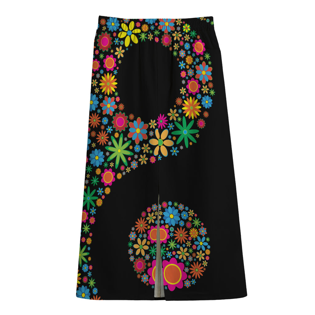 Colorful Flowers Yin Yang Print Cotton Front Slit Maxi Skirt